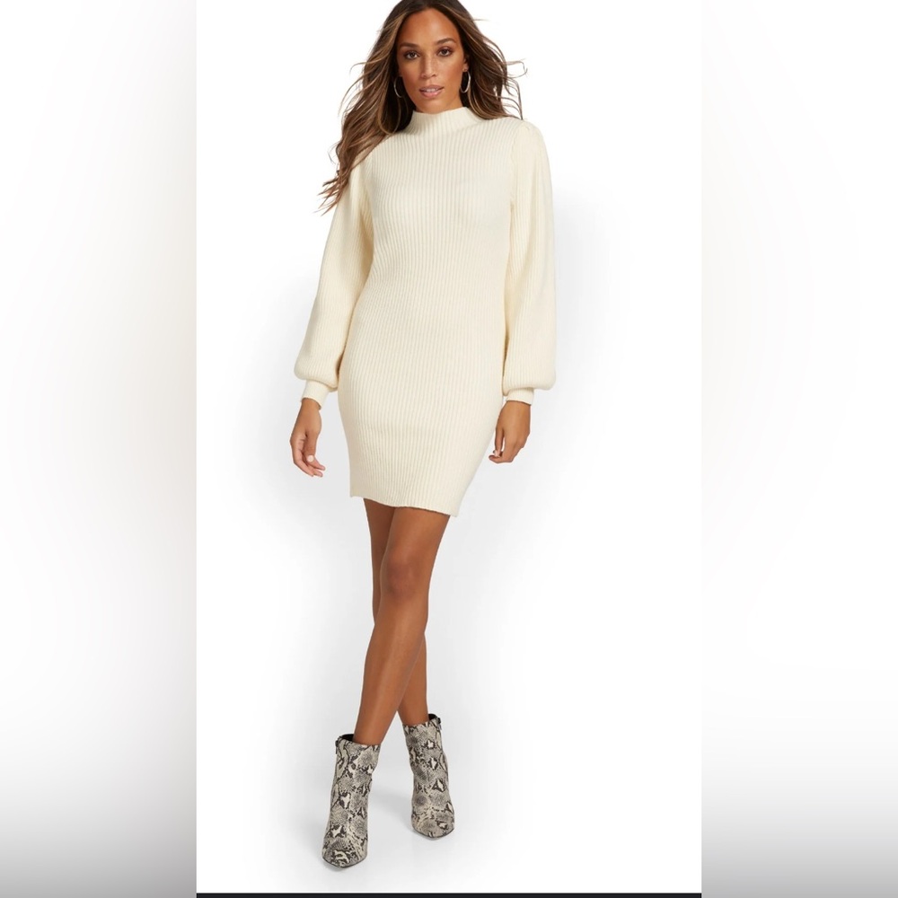 NWT &Merci Balloon-Sleeve Ribbed Sweater Dress, Cream, Size Medium